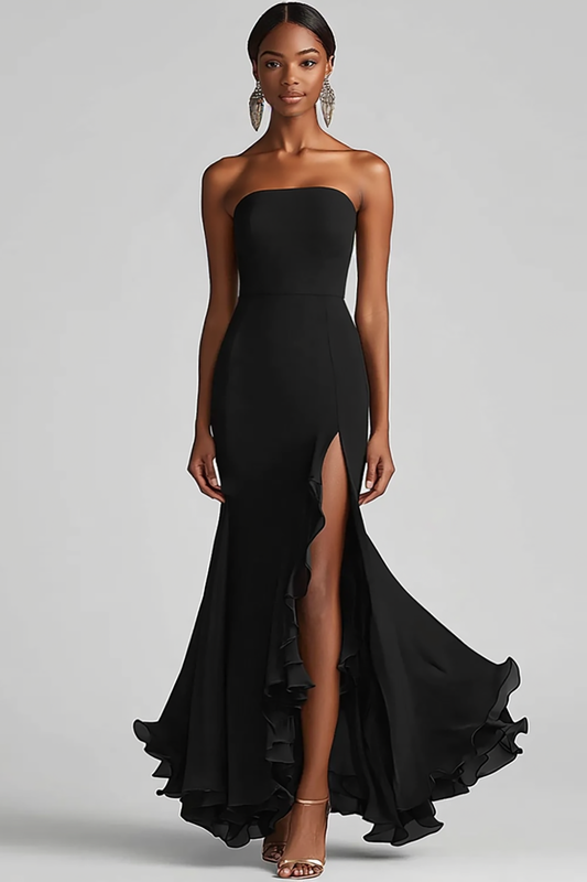 Strapless Chiffon Long Sheath Black Tie Dress with Slit
