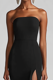 Strapless Chiffon Long Sheath Black Tie Dress with Slit