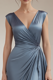 Peacock V-Neck Sheath Ruched Long Formal Dress with Ruffles