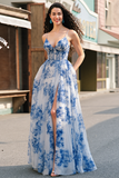 White Blue Flower Corset V-Neck A Line Long Prom Dress with Slit