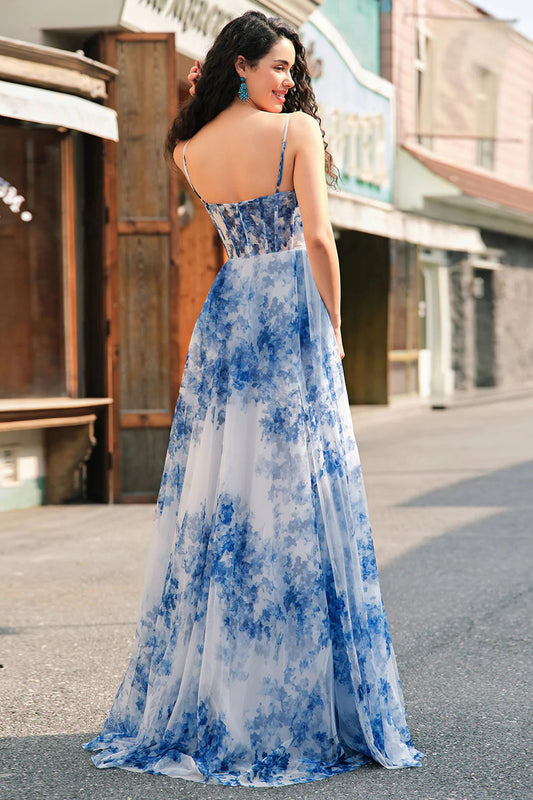 White Blue Flower Corset V-Neck A Line Long Prom Dress with Slit