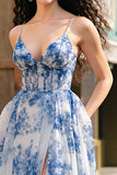 White Blue Flower Corset V-Neck A Line Long Prom Dress with Slit