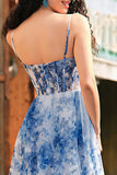 White Blue Flower Corset V-Neck A Line Long Prom Dress with Slit