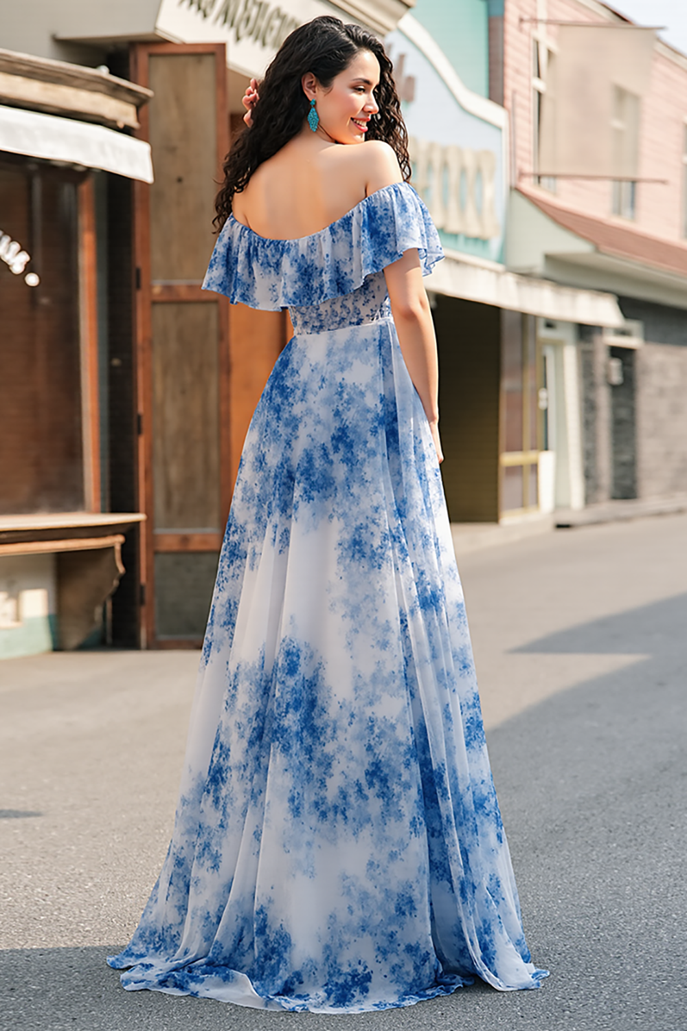 White Blue Flower A Line Off the Shoulder Long Prom Dress with Slit
