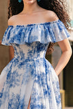 White Blue Flower A Line Off the Shoulder Long Prom Dress with Slit