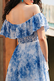 White Blue Flower A Line Off the Shoulder Long Prom Dress with Slit