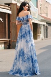 White Blue Flower A Line Ruffled Long Prom Dress with Slit