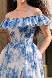 White Blue Flower A Line Ruffled Long Prom Dress with Slit