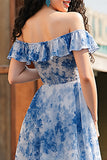 White Blue Flower A Line Ruffled Long Prom Dress with Slit