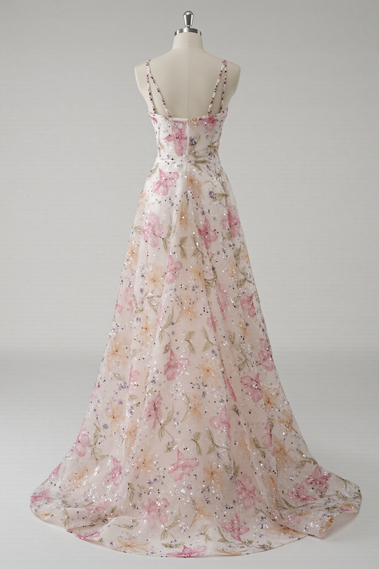 Pink A Line V-Neck Floral Long Prom Dress with Beading