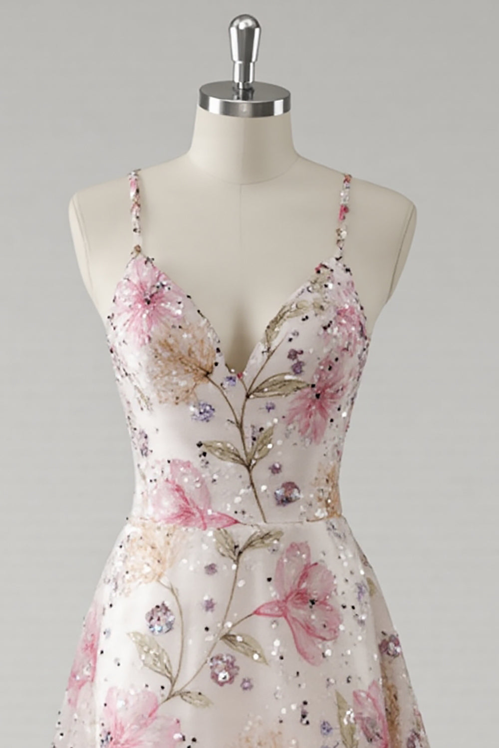 Pink A Line V-Neck Floral Long Prom Dress with Beading