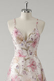 Pink A Line V-Neck Floral Long Prom Dress with Beading
