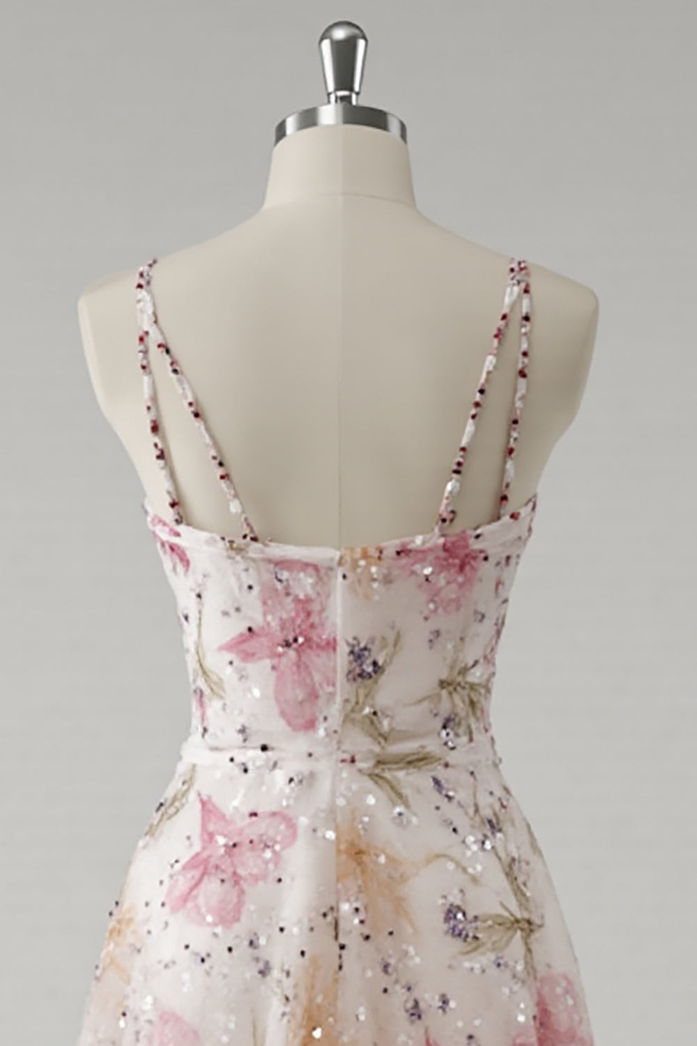 Pink A Line V-Neck Floral Long Prom Dress with Beading