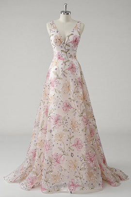 Sparkly Pink V-Neck Floral A Line Long Prom Dress with Beading