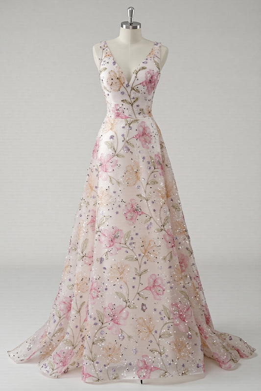 Sparkly Pink V-Neck Floral A Line Long Prom Dress with Beading