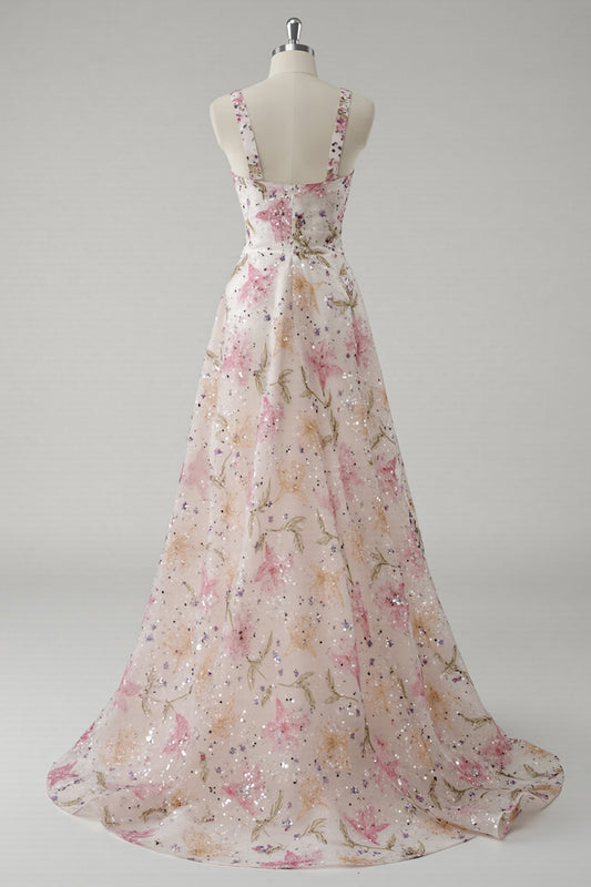 Sparkly Pink V-Neck Floral A Line Long Prom Dress with Beading