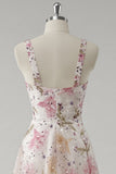 Sparkly Pink V-Neck Floral A Line Long Prom Dress with Beading