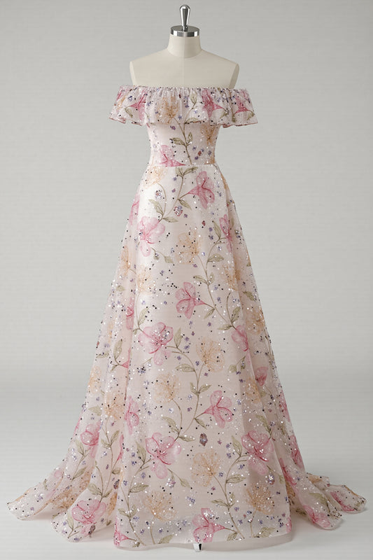 Sparkly Pink Off the Shoulder Floral A Line Long Prom Dress with Ruffles
