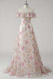 Sparkly Pink Off the Shoulder Floral A Line Long Prom Dress with Ruffles