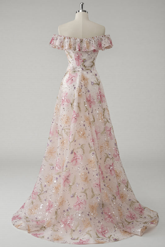 Sparkly Pink Off the Shoulder Floral A Line Long Prom Dress with Ruffles