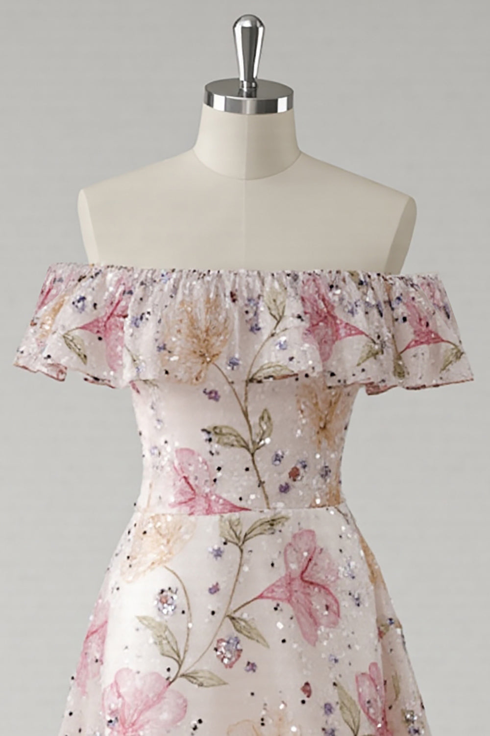 Sparkly Pink Off the Shoulder Floral A Line Long Prom Dress with Ruffles