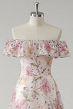 Sparkly Pink Off the Shoulder Floral A Line Long Prom Dress with Ruffles