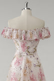 Sparkly Pink Off the Shoulder Floral A Line Long Prom Dress with Ruffles