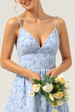 Blue A Line V-Neck High-Low Floral Bridesmaid Dress