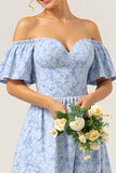 Blue A Line Off the Shoulder Long Floral Bridesmaid Dress with Short Sleeves