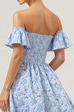 Blue A Line Off the Shoulder Long Floral Bridesmaid Dress with Short Sleeves