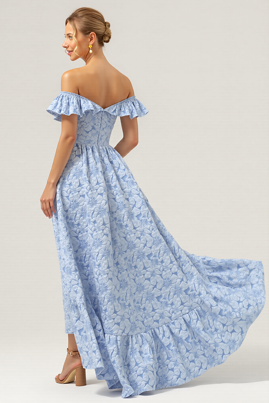 Blue Off the Shoulder Floral Long A Line Bridesmaid Dress with Ruffles