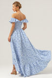 Blue Off the Shoulder Floral Long A Line Bridesmaid Dress with Ruffles