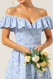 Blue Off the Shoulder Floral Long A Line Bridesmaid Dress with Ruffles