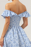 Blue Off the Shoulder Floral Long A Line Bridesmaid Dress with Ruffles