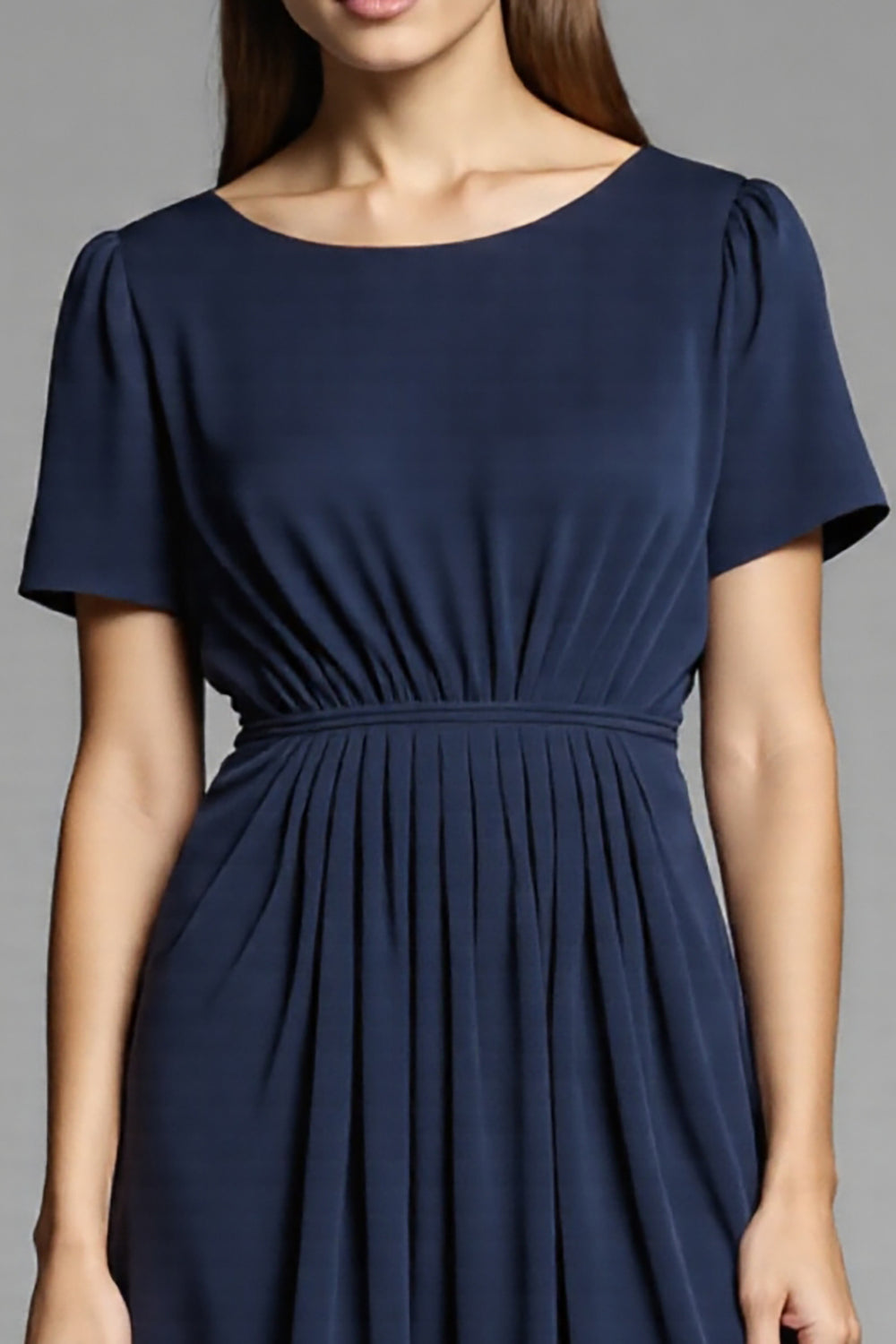 Navy Scoop Satin A Line Midi Work Dress with Short Sleeves