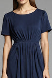 Navy Scoop Satin A Line Midi Work Dress with Short Sleeves