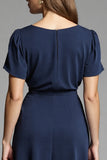 Navy Scoop Satin A Line Midi Work Dress with Short Sleeves