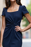 Navy Satin Bodycon Square Neck Midi Work Dress with Short Sleeves