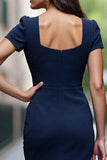 Navy Satin Bodycon Square Neck Midi Work Dress with Short Sleeves
