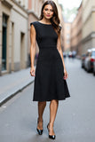 Black Satin Boat Neck A Line Midi Work Dress
