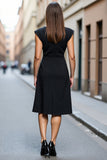 Black Satin Boat Neck A Line Midi Work Dress