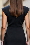Black Satin Boat Neck A Line Midi Work Dress