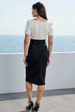 White and Black Square Neck Midi Work Dress with Short Sleeves