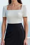 White and Black Square Neck Midi Work Dress with Short Sleeves