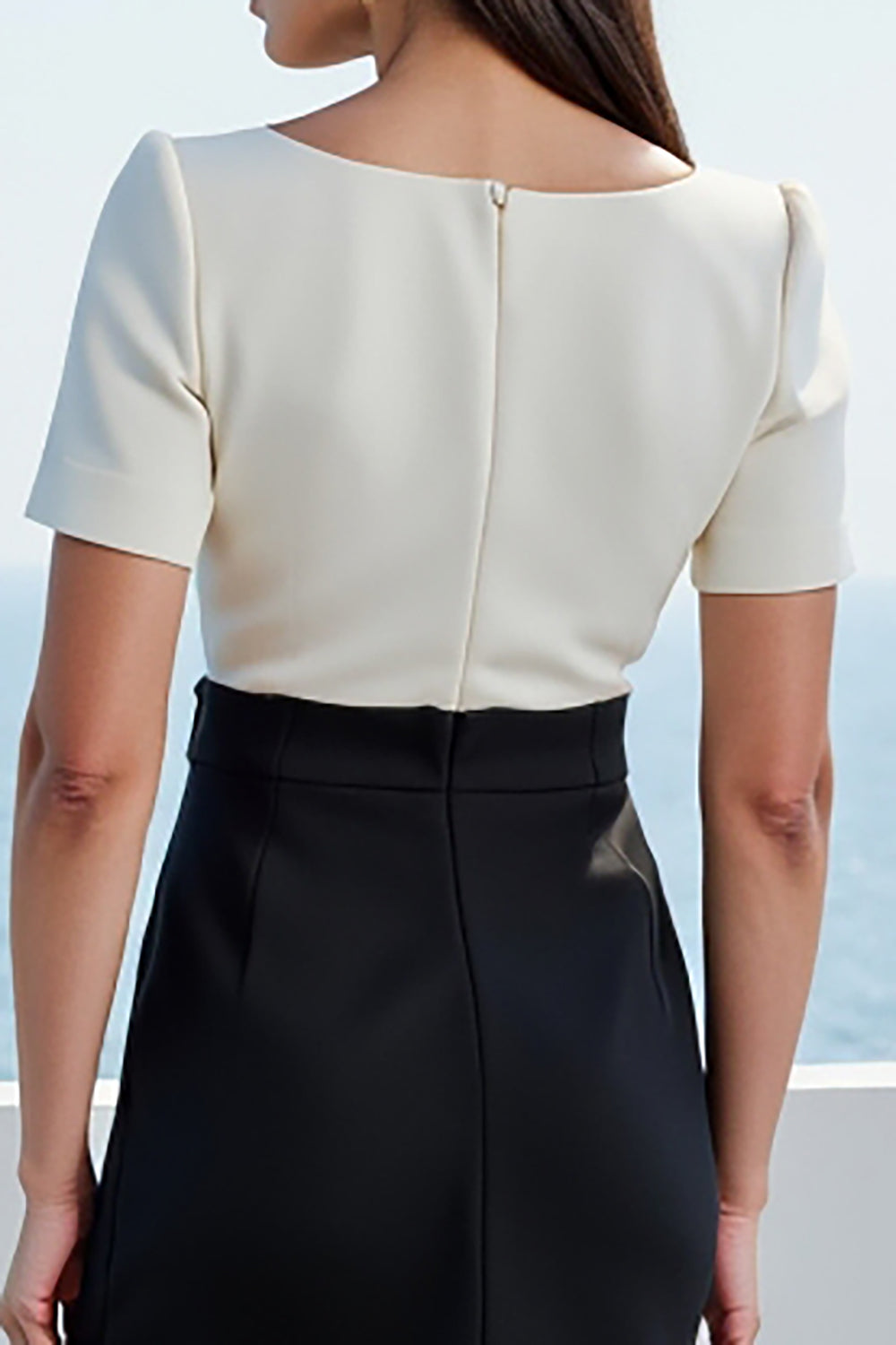 White and Black Square Neck Midi Work Dress with Short Sleeves