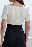 White and Black Square Neck Midi Work Dress with Short Sleeves