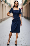 Navy Ruched Satin Square Neck Midi Work Dress with Short Sleeves