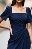 Navy Ruched Satin Square Neck Midi Work Dress with Short Sleeves