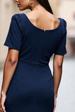 Navy Ruched Satin Square Neck Midi Work Dress with Short Sleeves