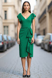 Green Satin Bodycon V Neck Midi Ruched Work Dress with Ruffles